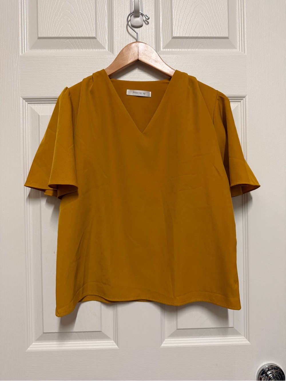 V-Neck Flutter Short Sleeve Women’s Blouse in Mustard Yellow